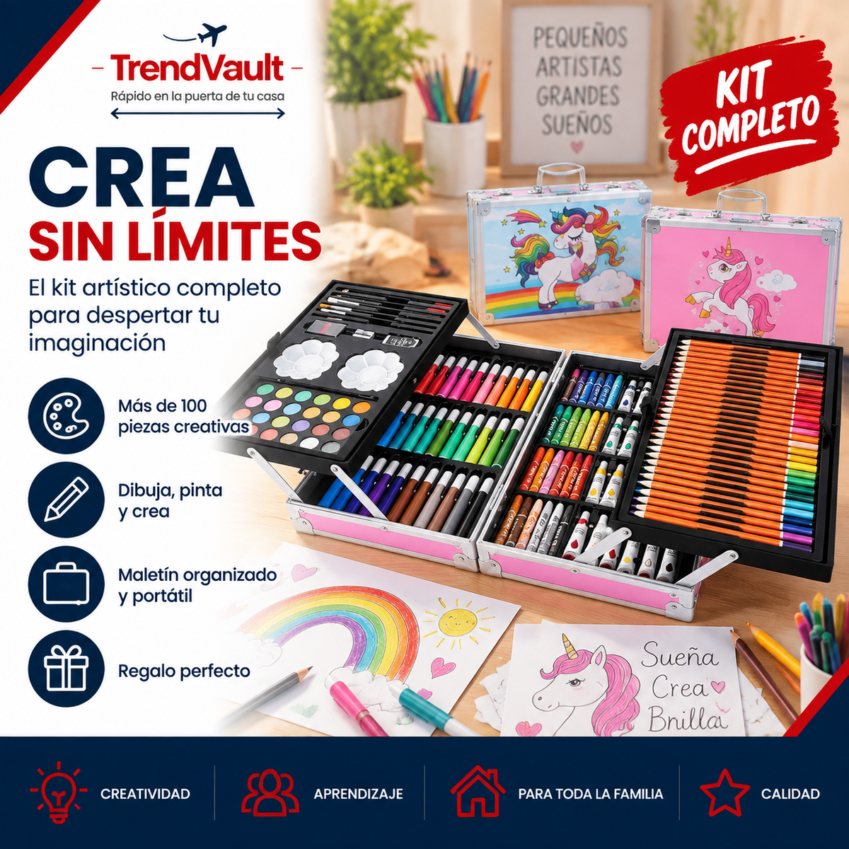 Combo Maletín Metálico De Arte 145PCS + Rollo Papel Para Pintar