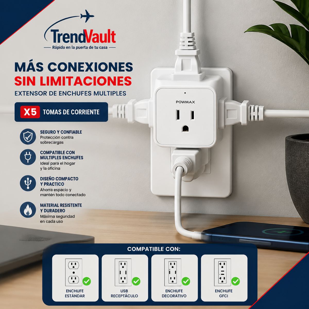 EXTENSOR DE ENCHUFES MULTIPLES X5 TOMAS