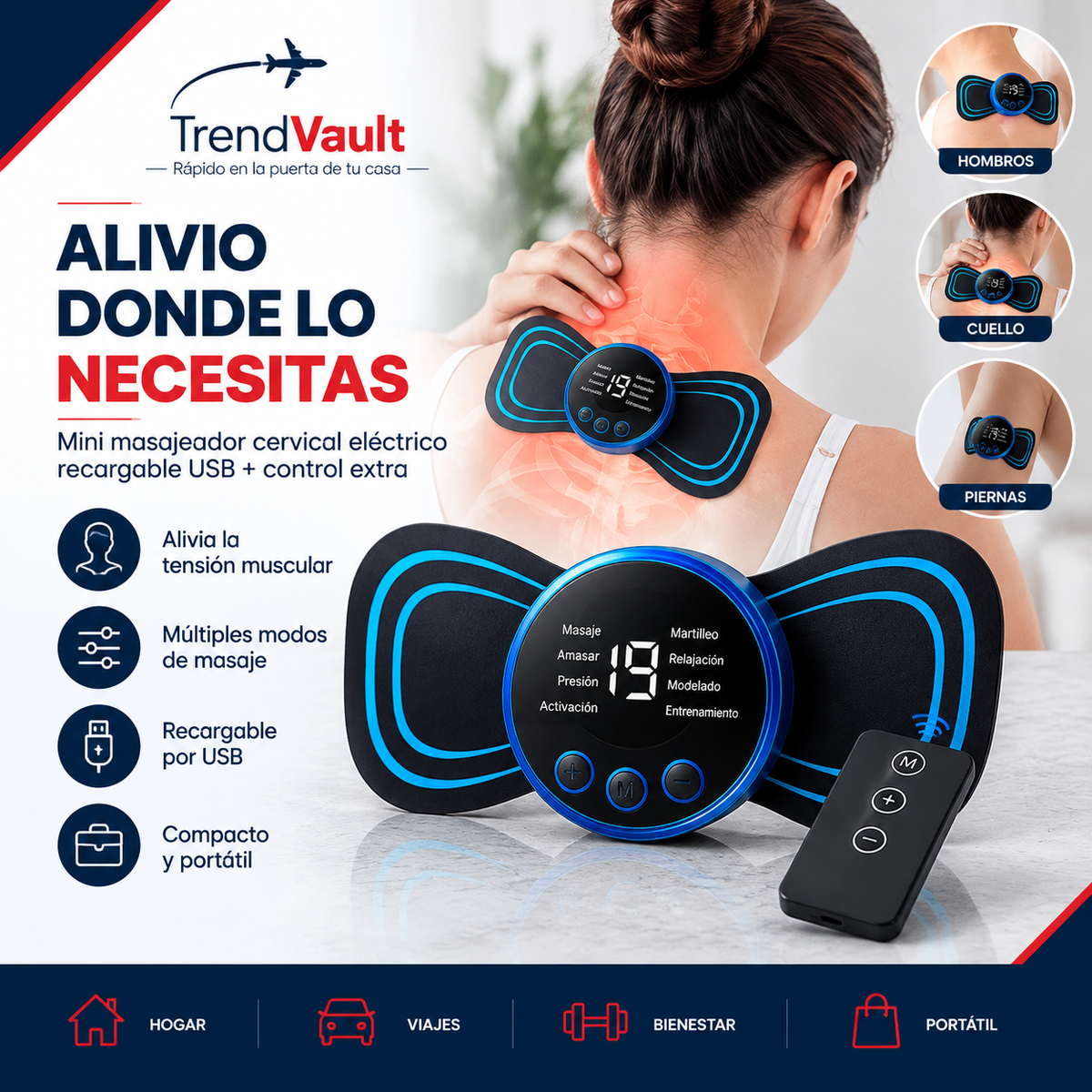 MINI Masajeador Cervical Eléctrico Recargable USB + Control Extra